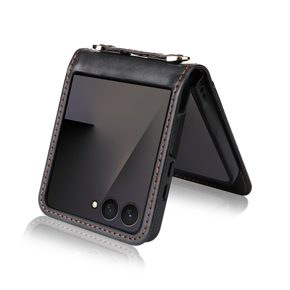 For Samsung Galaxy Z Flip7 5 Case Card Slots Leather Phone Cover with Lanyard - Black
