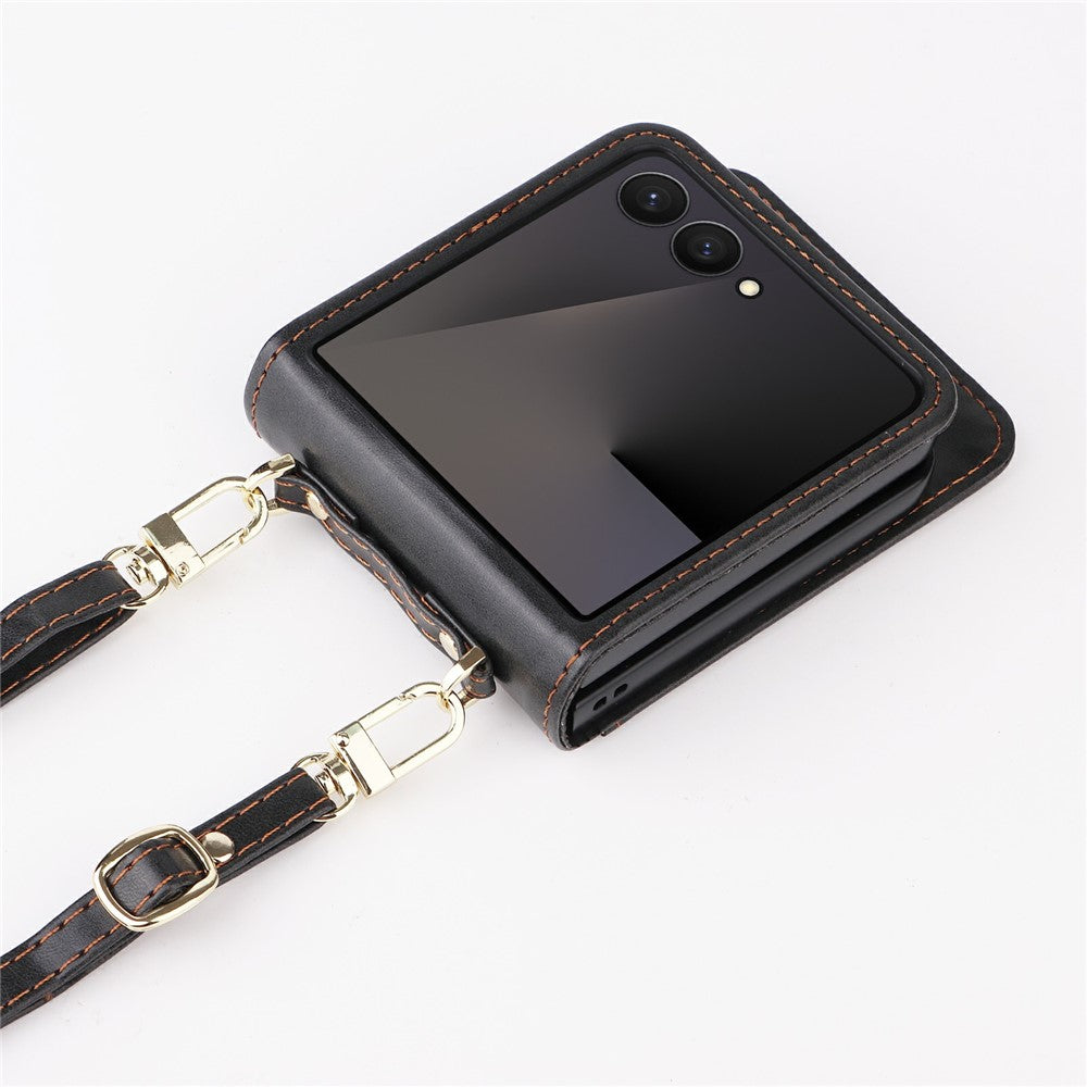 For Samsung Galaxy Z Flip7 5 Case Card Slots Leather Phone Cover with Lanyard - Black