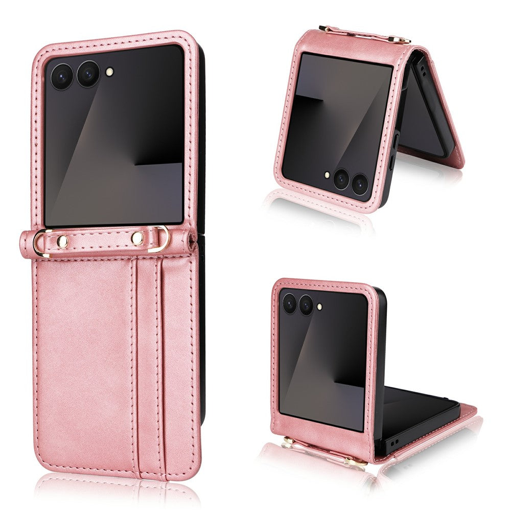 For Samsung Galaxy Z Flip7 5 Case Card Slots Leather Phone Cover with Lanyard - Pink