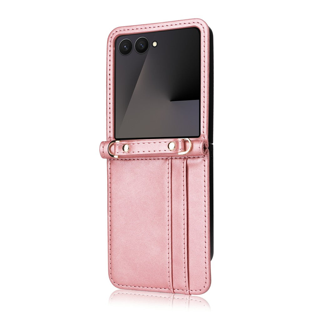 For Samsung Galaxy Z Flip7 5 Case Card Slots Leather Phone Cover with Lanyard - Pink