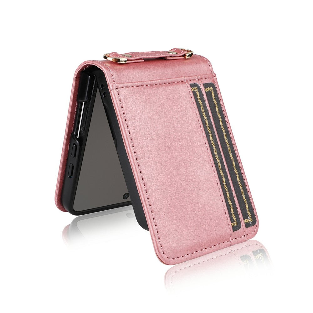 For Samsung Galaxy Z Flip7 5 Case Card Slots Leather Phone Cover with Lanyard - Pink