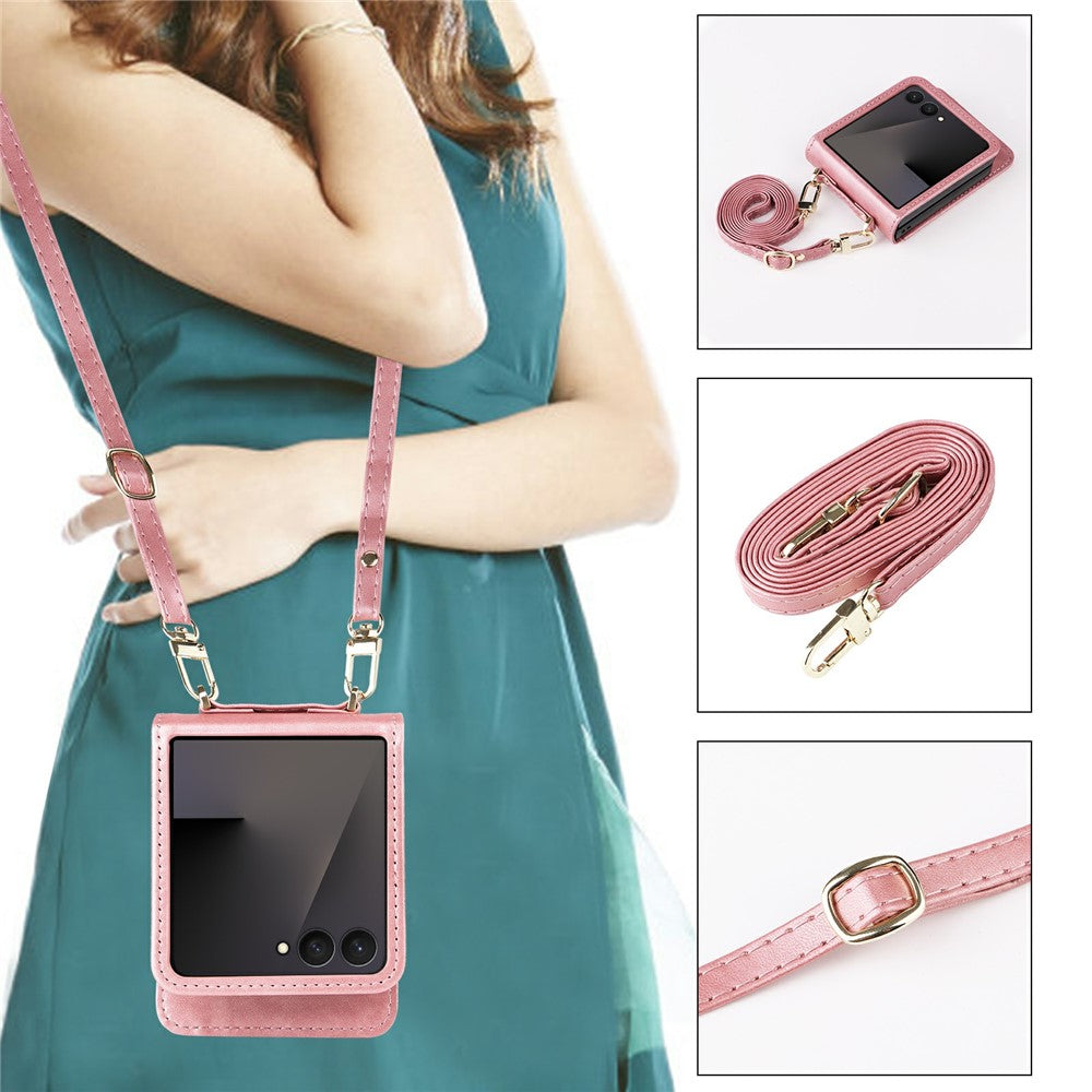 For Samsung Galaxy Z Flip7 5 Case Card Slots Leather Phone Cover with Lanyard - Pink