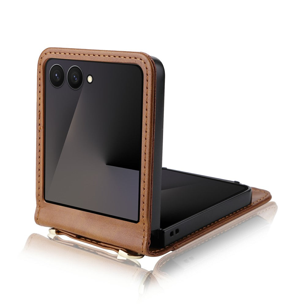 For Samsung Galaxy Z Flip7 5 Case Card Slots Leather Phone Cover with Lanyard - Brown