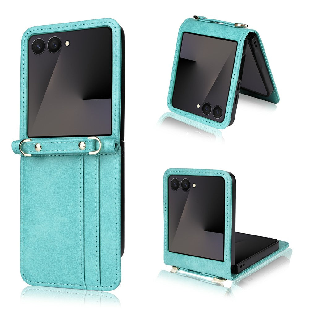 For Samsung Galaxy Z Flip7 5 Case Card Slots Leather Phone Cover with Lanyard - Green