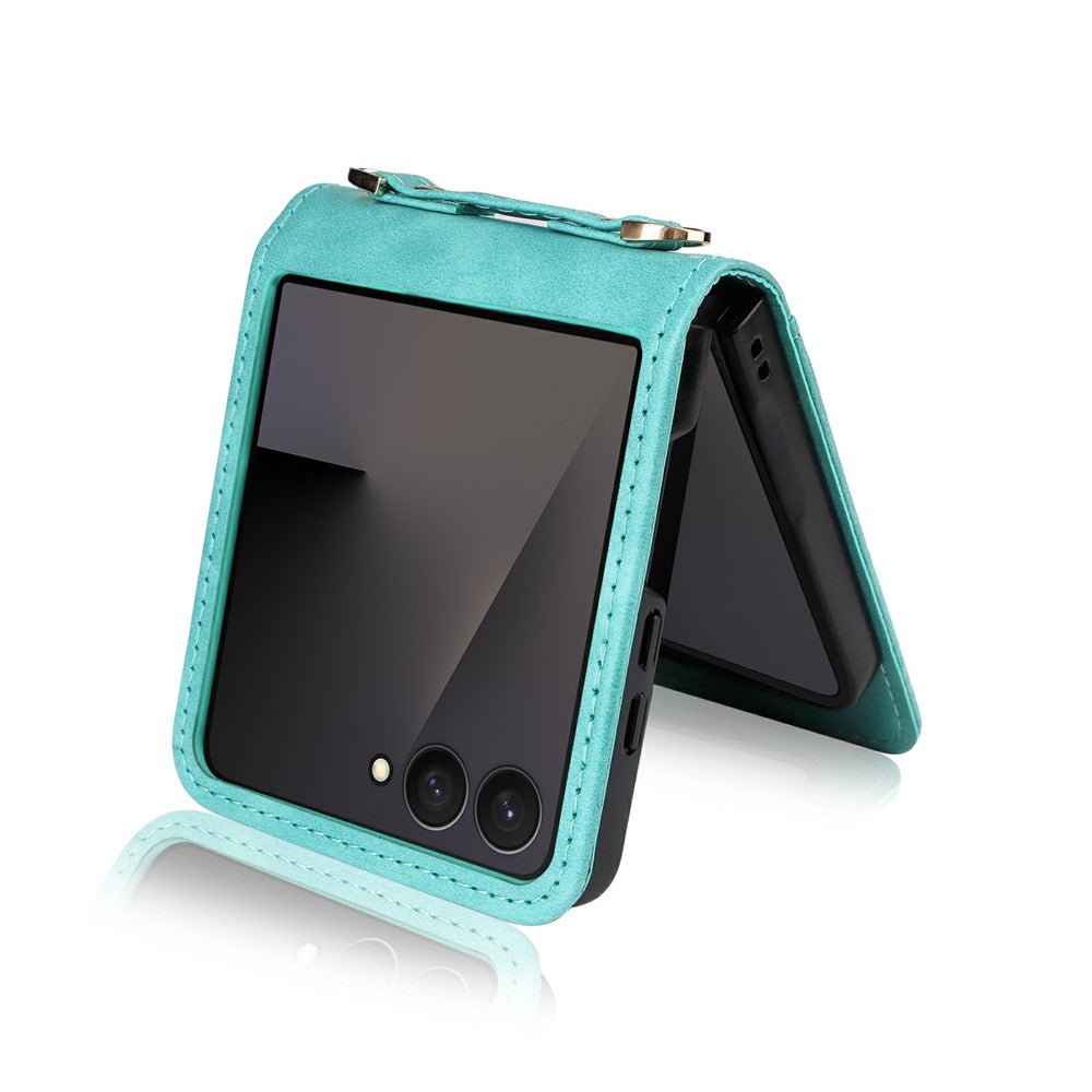 For Samsung Galaxy Z Flip7 5 Case Card Slots Leather Phone Cover with Lanyard - Green