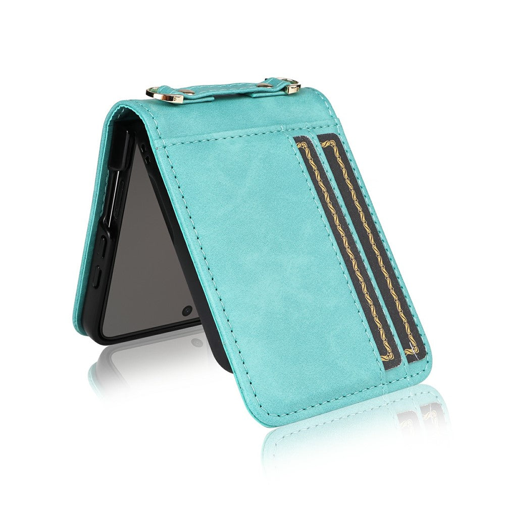 For Samsung Galaxy Z Flip7 5 Case Card Slots Leather Phone Cover with Lanyard - Green