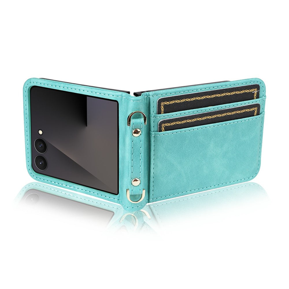 For Samsung Galaxy Z Flip7 5 Case Card Slots Leather Phone Cover with Lanyard - Green