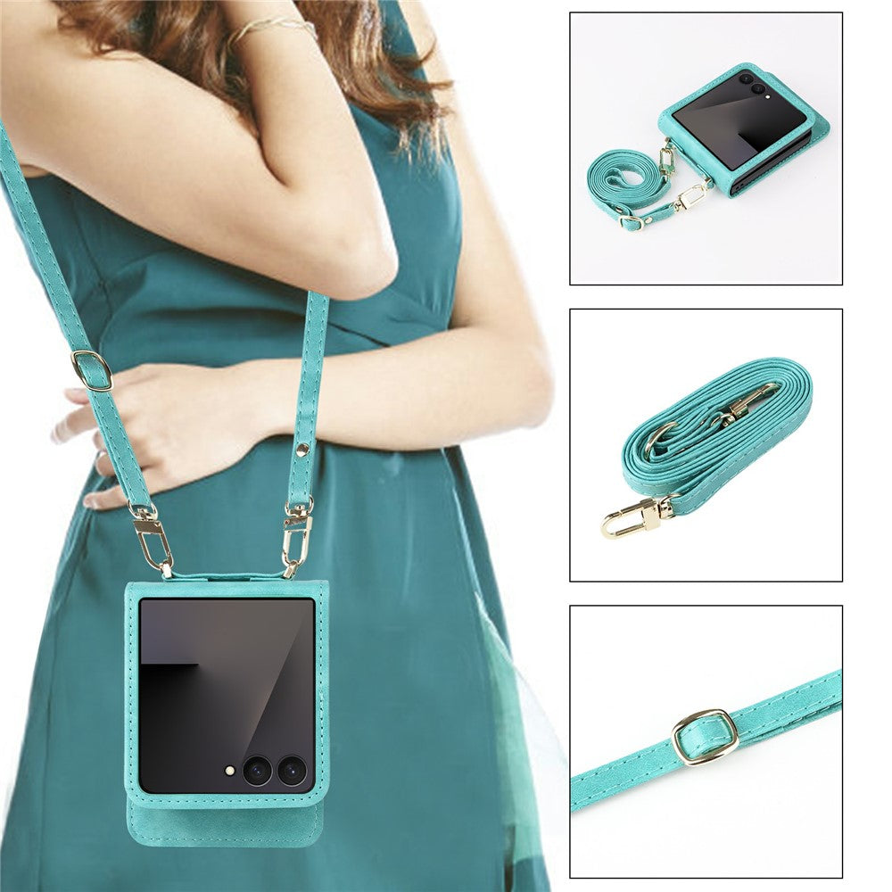 For Samsung Galaxy Z Flip7 5 Case Card Slots Leather Phone Cover with Lanyard - Green