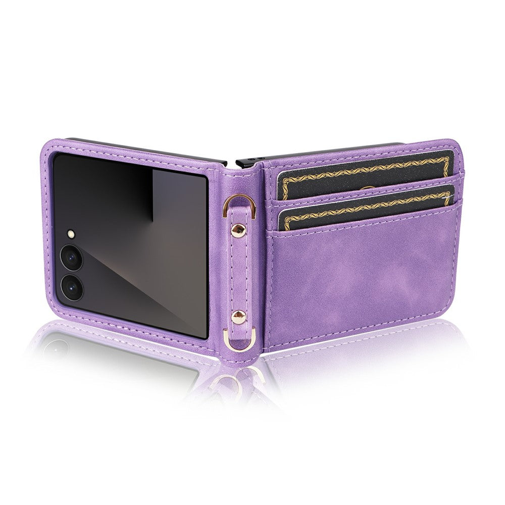 For Samsung Galaxy Z Flip7 5 Case Card Slots Leather Phone Cover with Lanyard - Purple