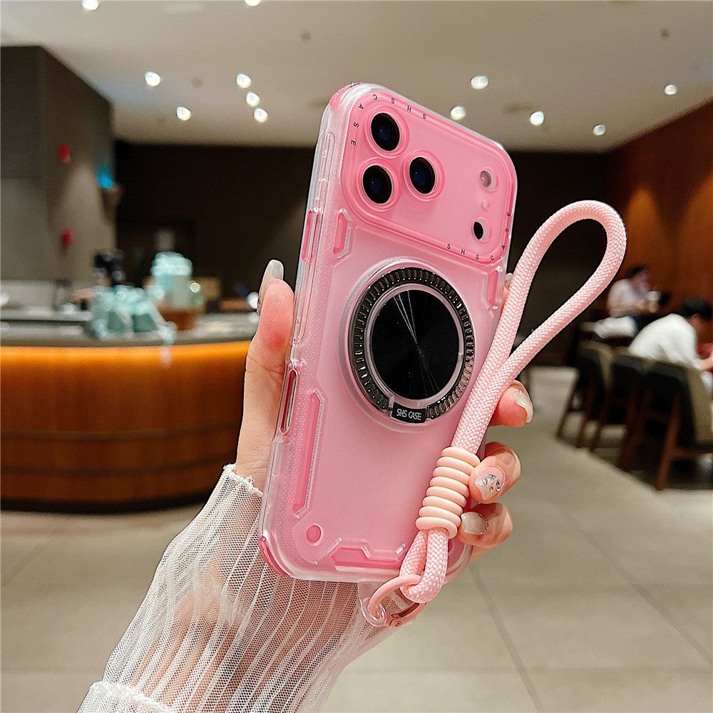 For iPhone 17 Pro Max Case Ring Kickstand PC + TPU Translucent Phone Back Cover with Hand Strap - Pink