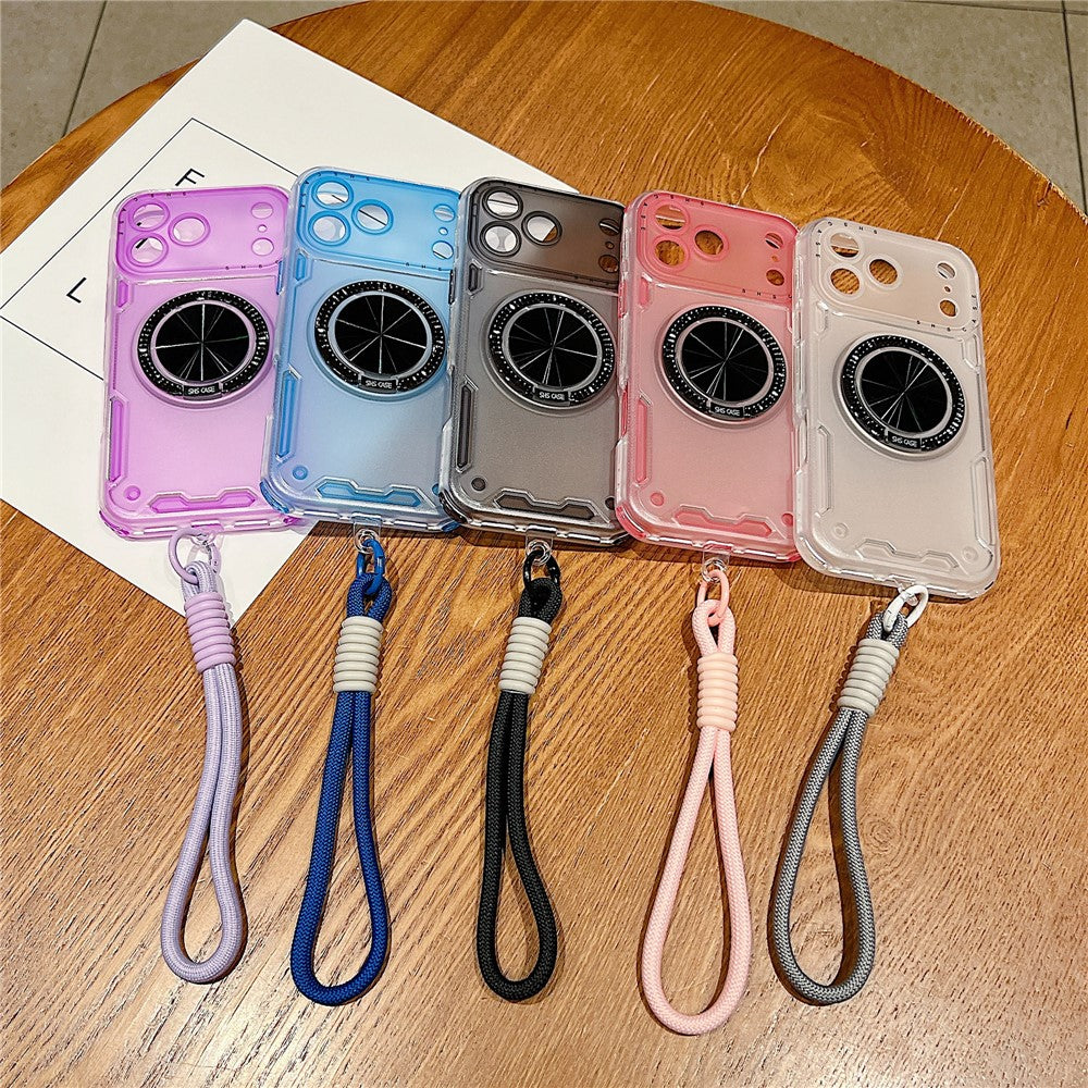 For iPhone 17 Pro Max Case Ring Kickstand PC + TPU Translucent Phone Back Cover with Hand Strap - Pink