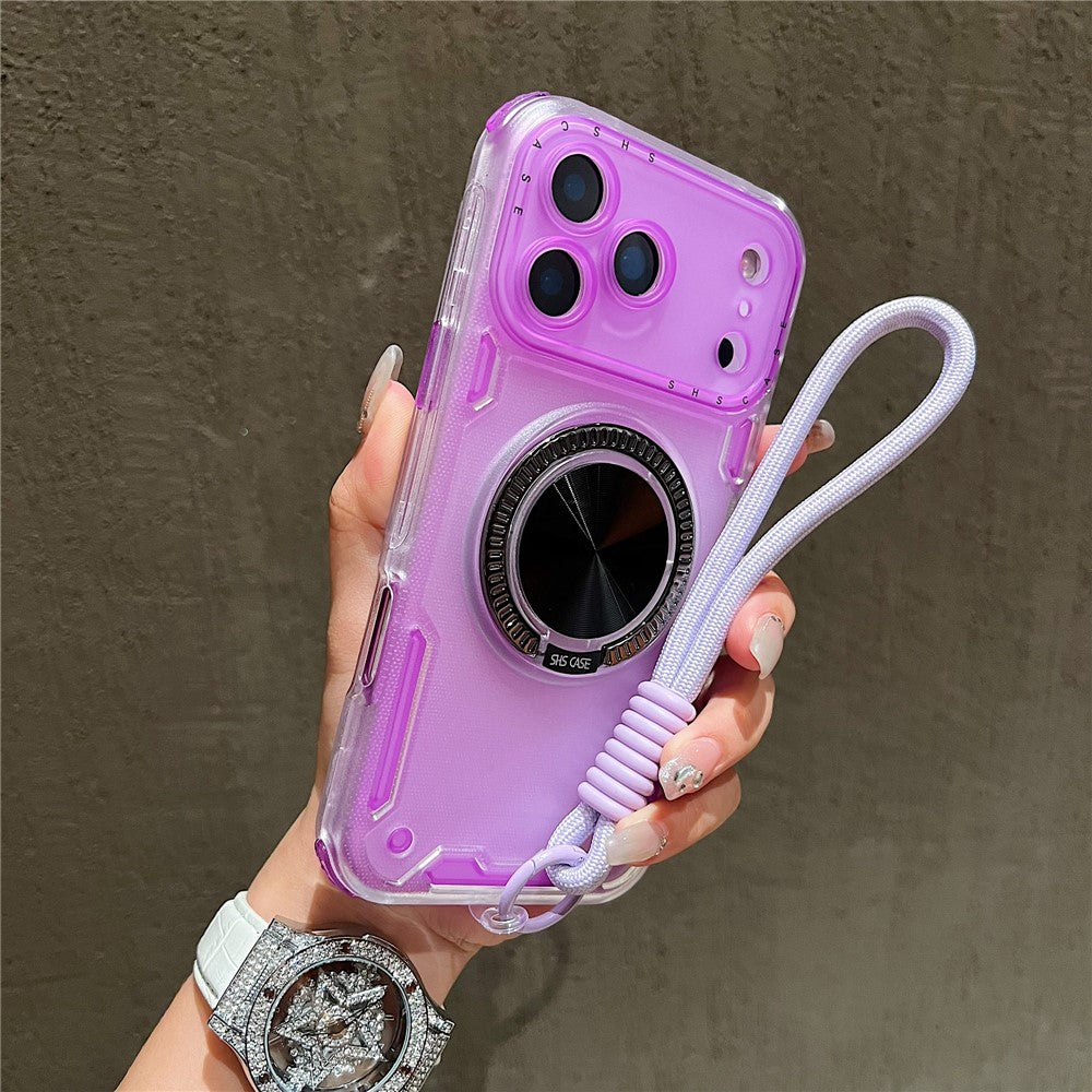 For iPhone 17 Pro Max Case Ring Kickstand PC + TPU Translucent Phone Back Cover with Hand Strap - Purple