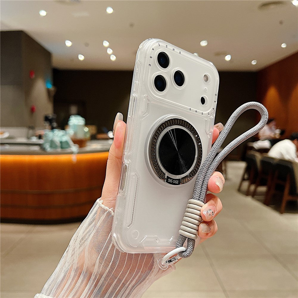 For iPhone 17 Pro Max Case Ring Kickstand PC + TPU Translucent Phone Back Cover with Hand Strap - White