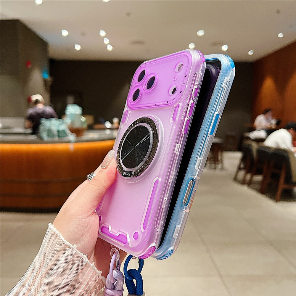 For iPhone 17 Pro Max Case Ring Kickstand PC + TPU Translucent Phone Back Cover with Hand Strap - White