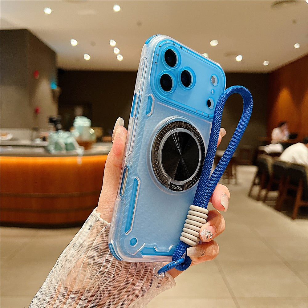 For iPhone 17 Pro Max Case Ring Kickstand PC + TPU Translucent Phone Back Cover with Hand Strap - Blue