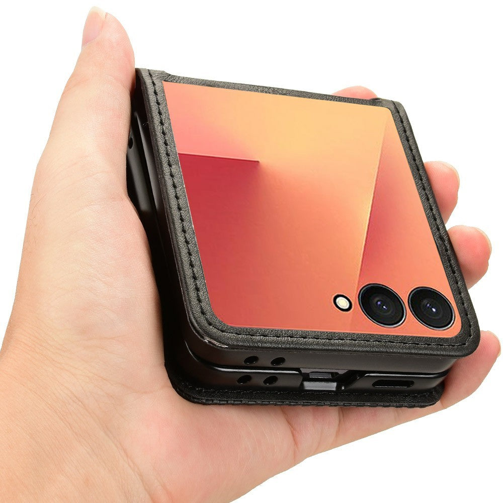 For Samsung Galaxy Z Flip7 5G Case Retro Texture Leather + PC Phone Cover with Card Slot - Black