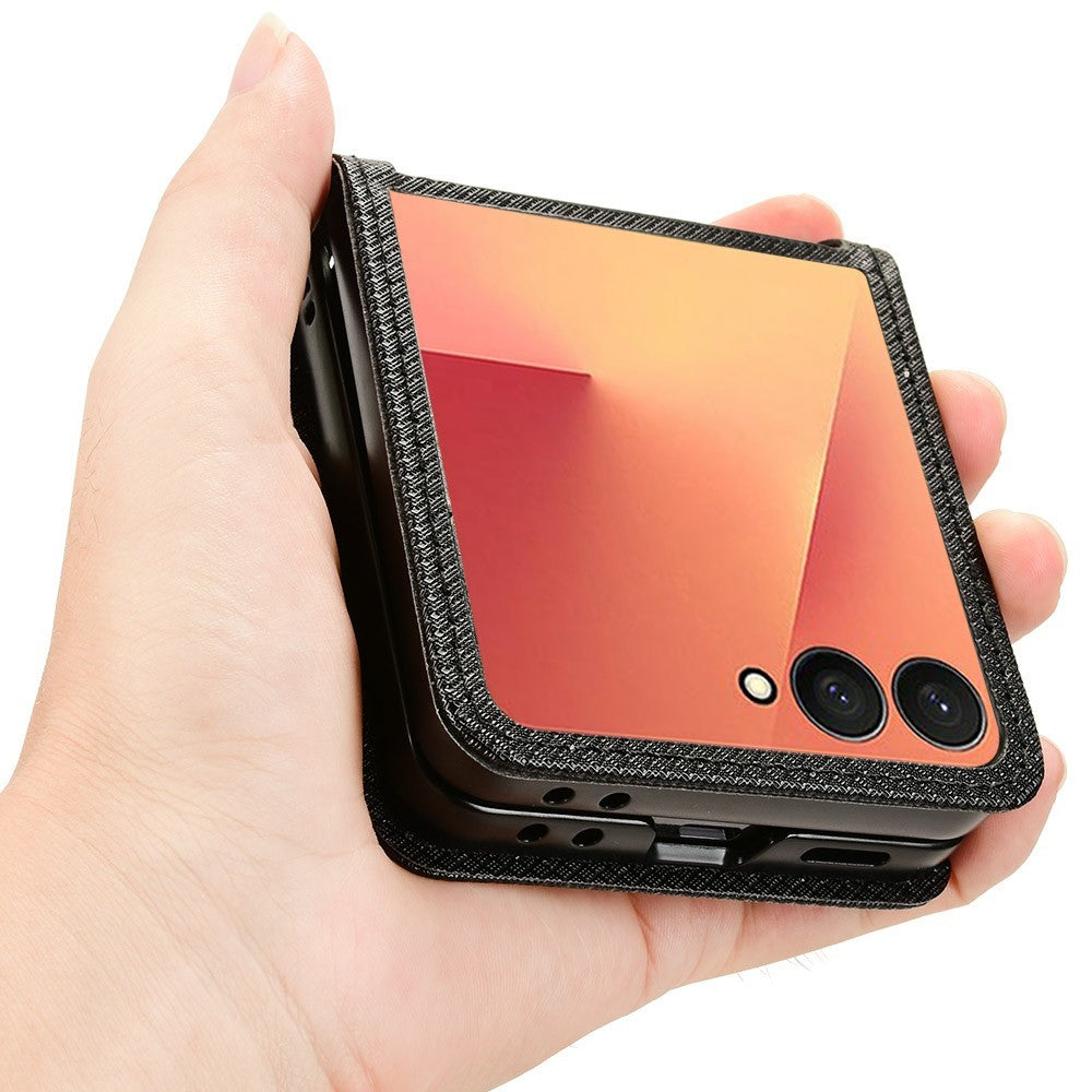 For Samsung Galaxy Z Flip7 5G Case PU Leather Diamond Texture Phone Cover with Card Slot - Black