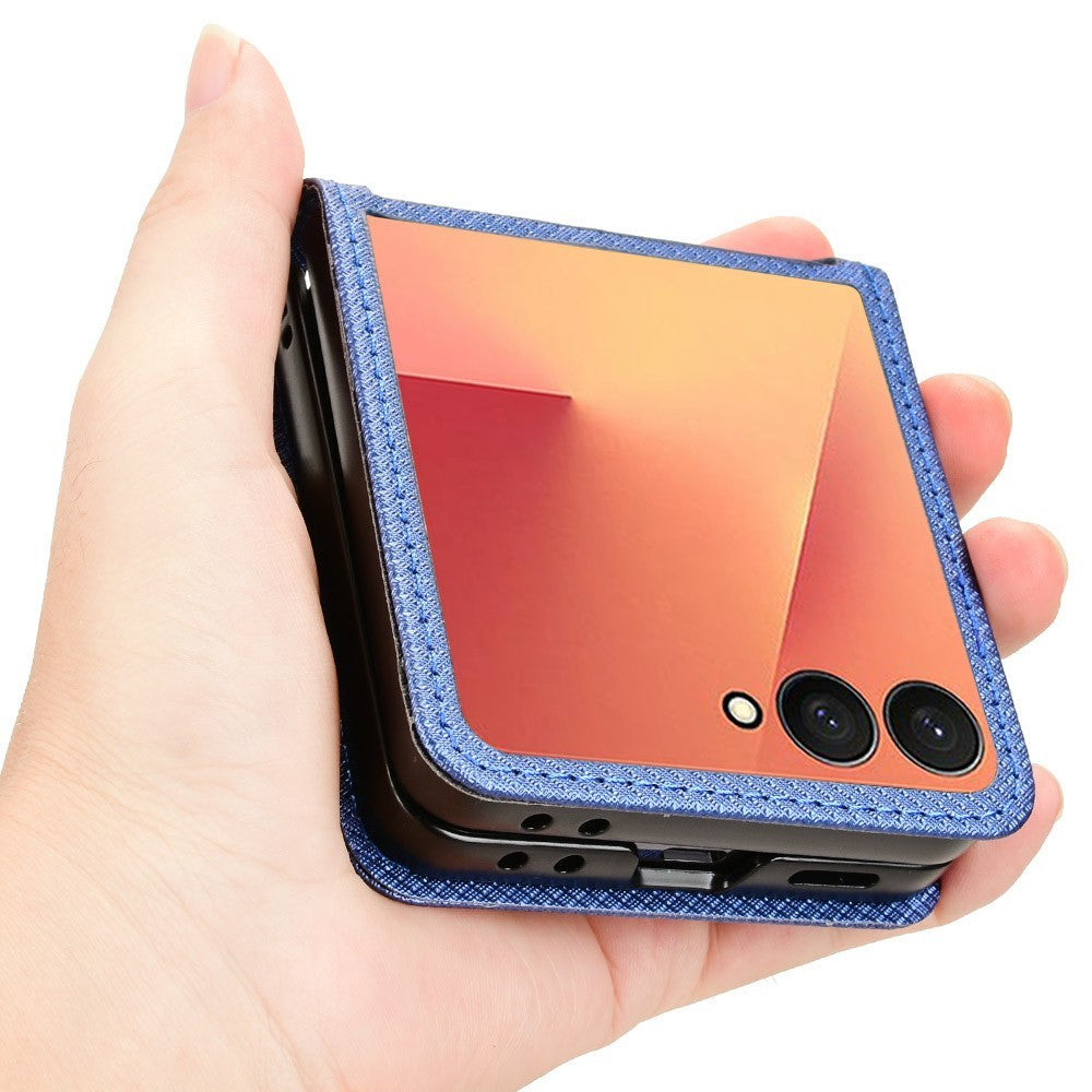 For Samsung Galaxy Z Flip7 5G Case PU Leather Diamond Texture Phone Cover with Card Slot - Blue
