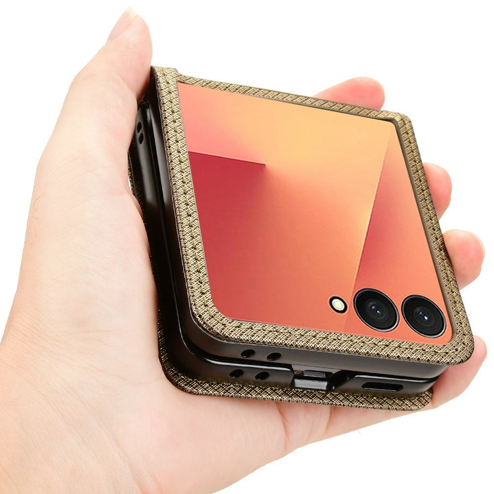 For Samsung Galaxy Z Flip7 5G Case PU Leather Diamond Texture Phone Cover with Card Slot - Brown