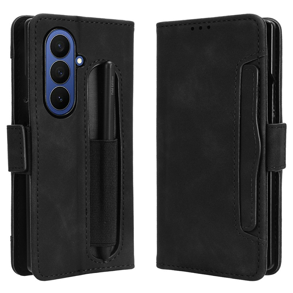 For Samsung Galaxy Z Fold7 5G Stand Case with Pencil Slot Leather Wallet Phone Cover - Black