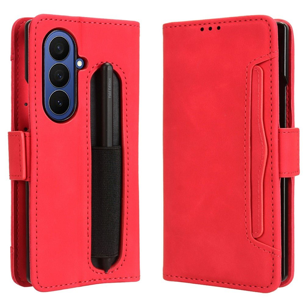 For Samsung Galaxy Z Fold7 5G Stand Case with Pencil Slot Leather Wallet Phone Cover - Red