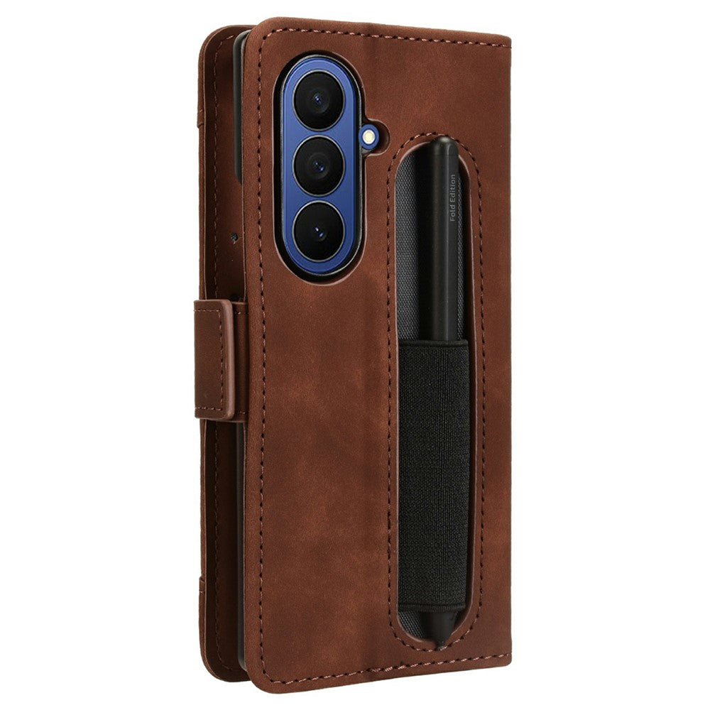 For Samsung Galaxy Z Fold7 5G Stand Case with Pencil Slot Leather Wallet Phone Cover - Brown