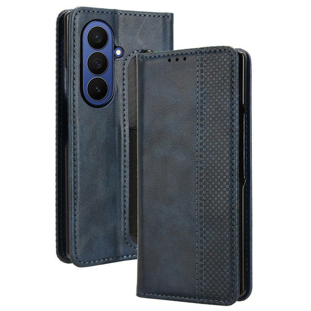 For Samsung Galaxy Z Fold7 5G Case with Pencil Holder Retro PU Leather Phone Cover - Blue