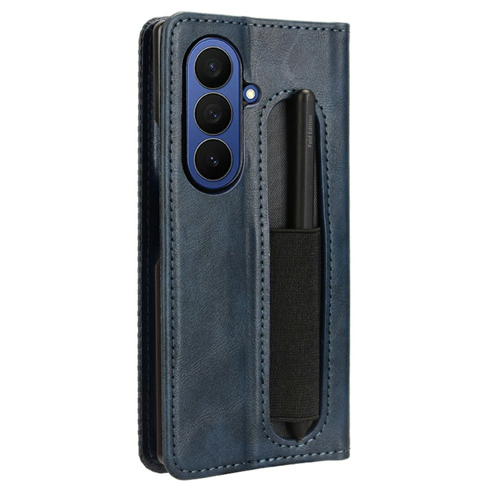 For Samsung Galaxy Z Fold7 5G Case with Pencil Holder Retro PU Leather Phone Cover - Blue