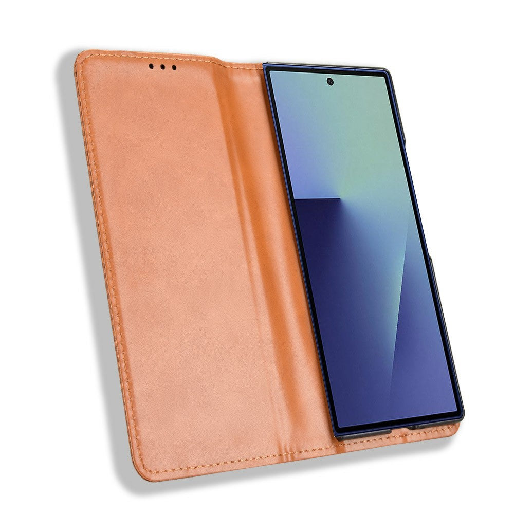 For Samsung Galaxy Z Fold7 5G Case with Pencil Holder Retro PU Leather Phone Cover - Brown