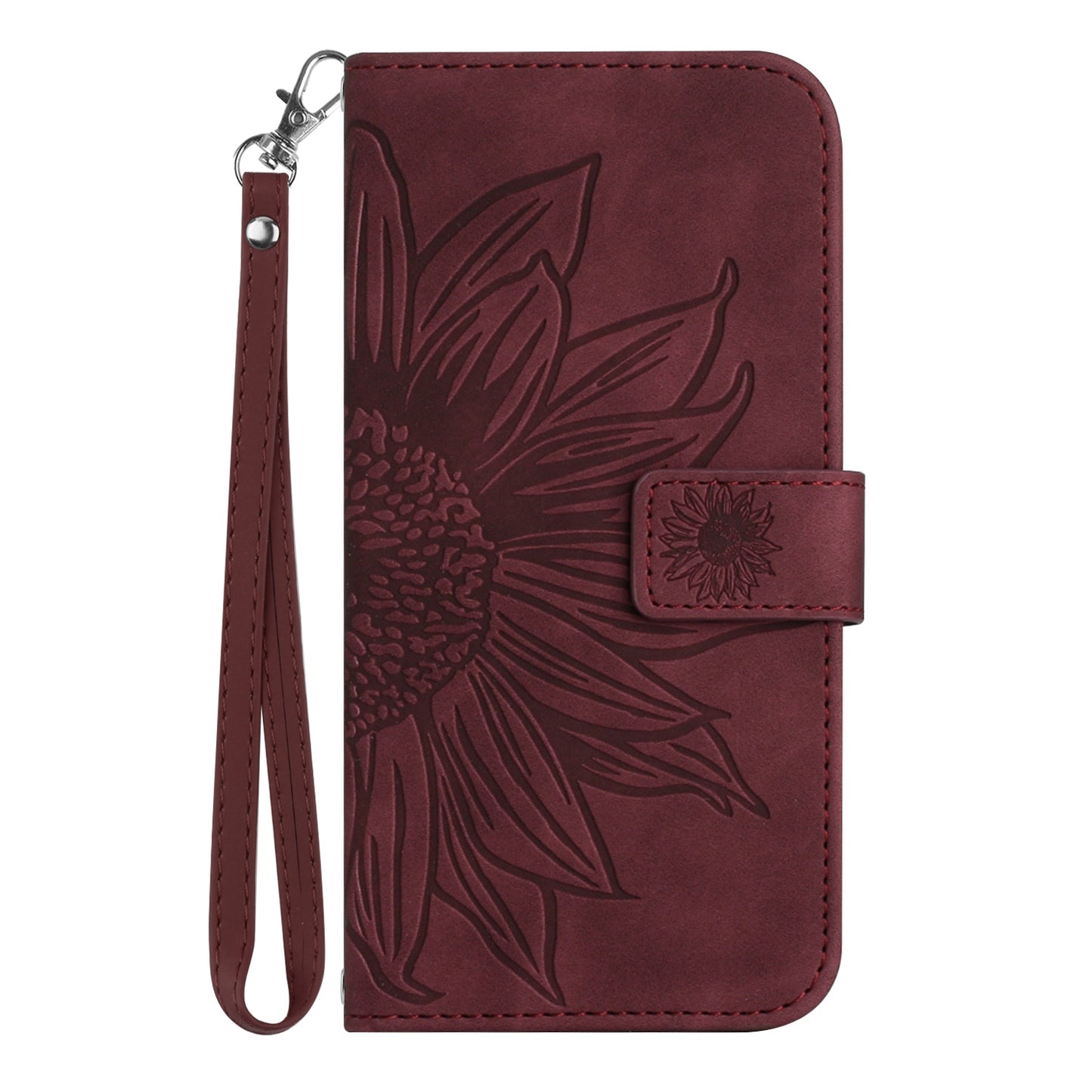 For Samsung Galaxy S20 4G / 5G HT04 Phone Case, Fully Wrapped Skin-Touch PU Leather Imprinted Sunflower Stand Wallet Cover with Hand Strap - Wine Red