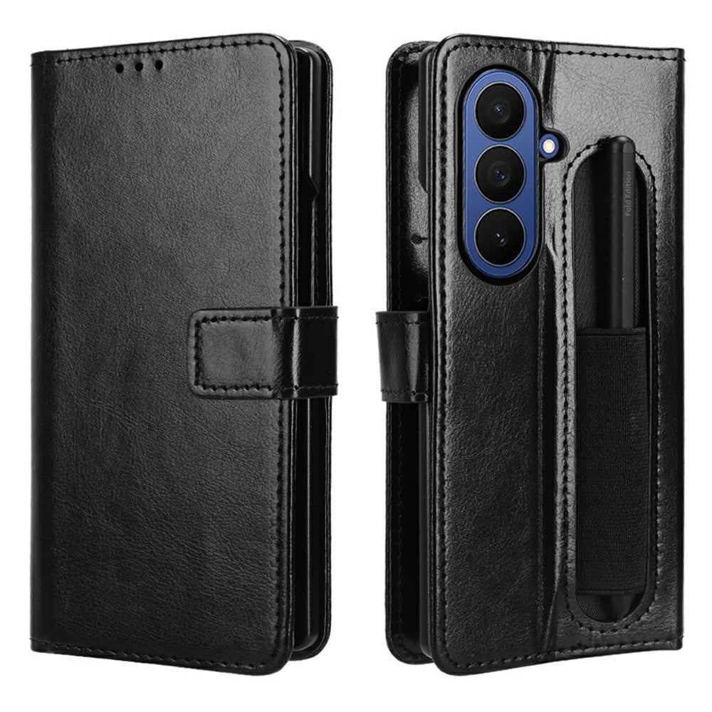 For Samsung Galaxy Z Fold7 5G Phone Case Pencil Slot Stand Leather Cover Crazy Horse Texture - Black