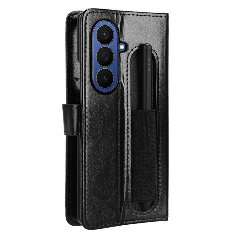 For Samsung Galaxy Z Fold7 5G Phone Case Pencil Slot Stand Leather Cover Crazy Horse Texture - Black