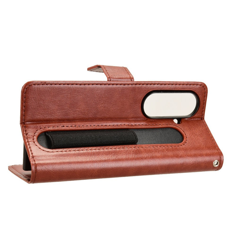 For Samsung Galaxy Z Fold7 5G Phone Case Pencil Slot Stand Leather Cover Crazy Horse Texture - Brown
