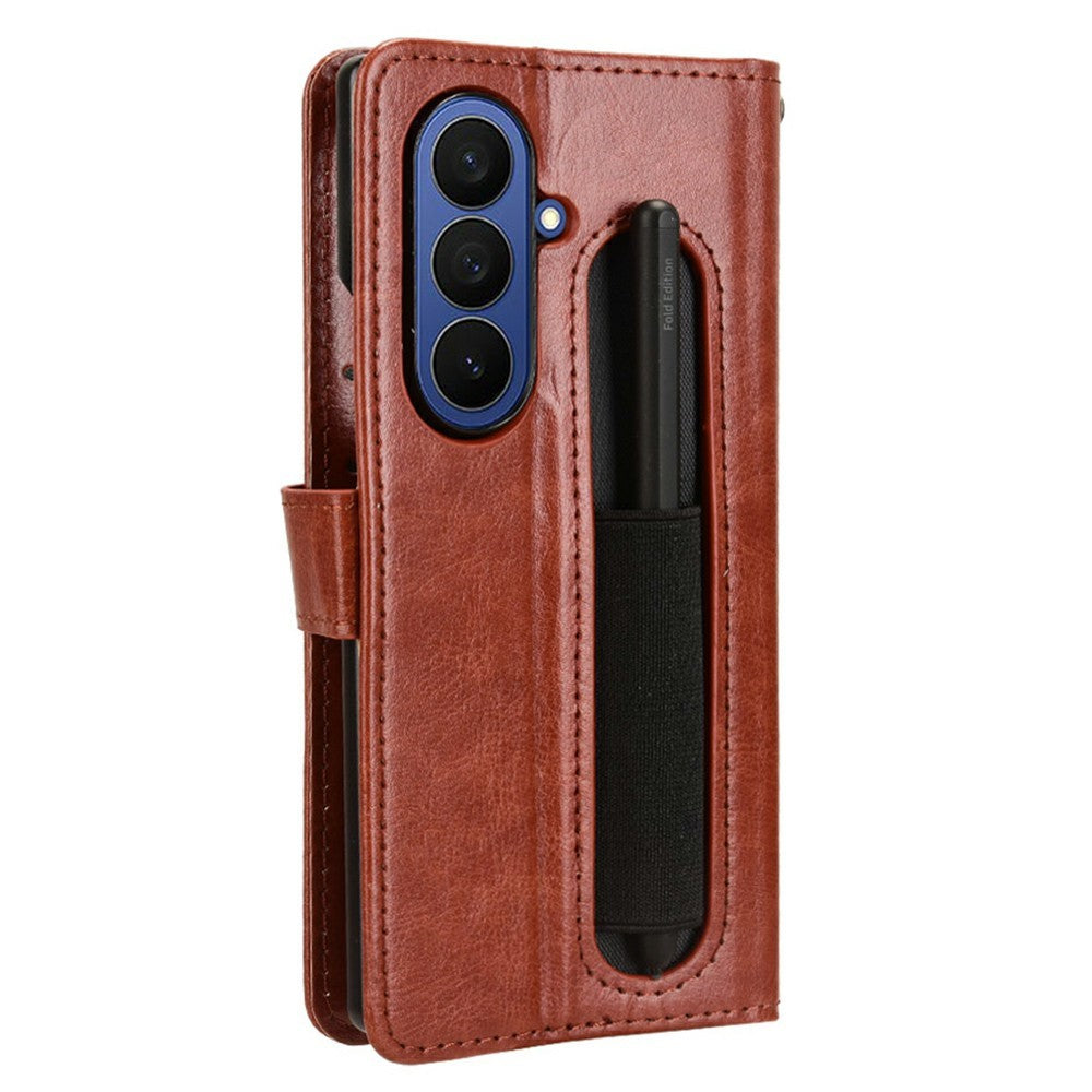 For Samsung Galaxy Z Fold7 5G Phone Case Pencil Slot Stand Leather Cover Crazy Horse Texture - Brown