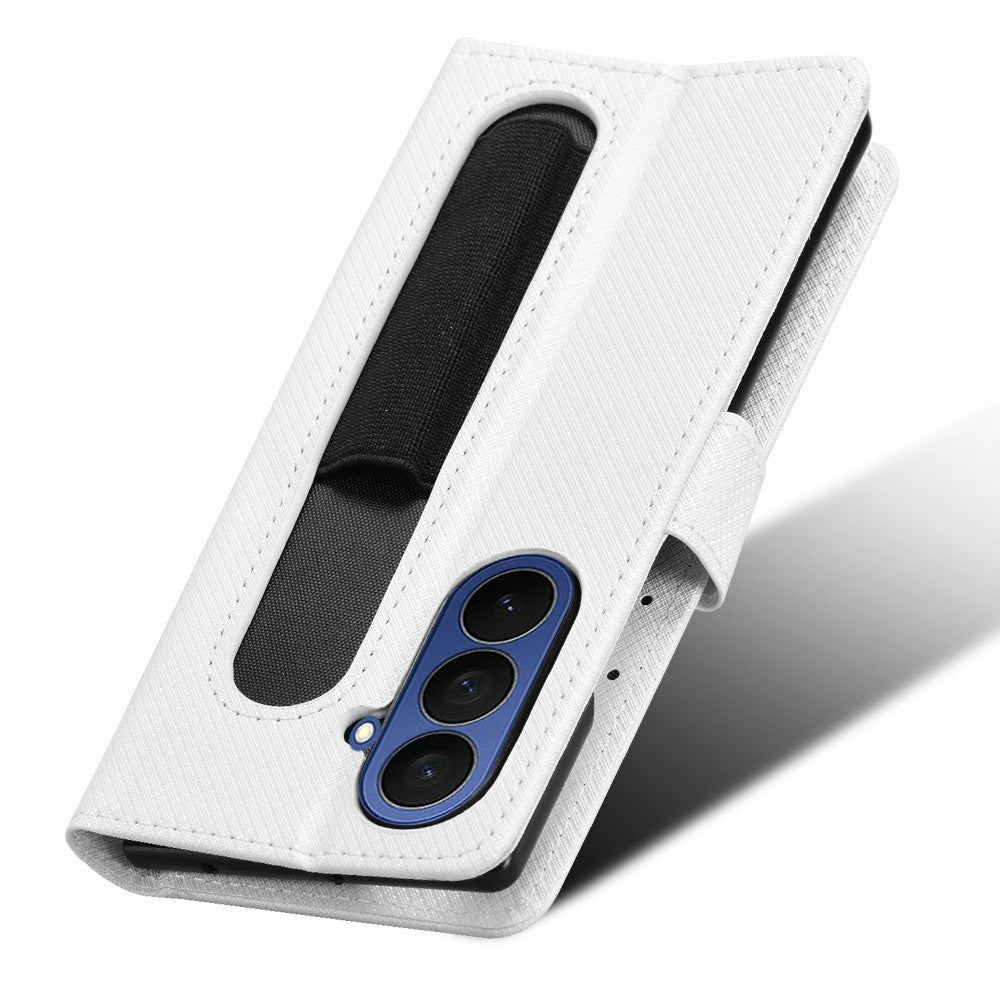 For Samsung Galaxy Z Fold7 5G Case with Pencil Holder, PU Leather Diamond Texture Wallet Phone Cover - White