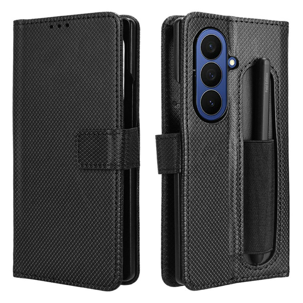 For Samsung Galaxy Z Fold7 5G Case with Pencil Holder, PU Leather Diamond Texture Wallet Phone Cover - Black