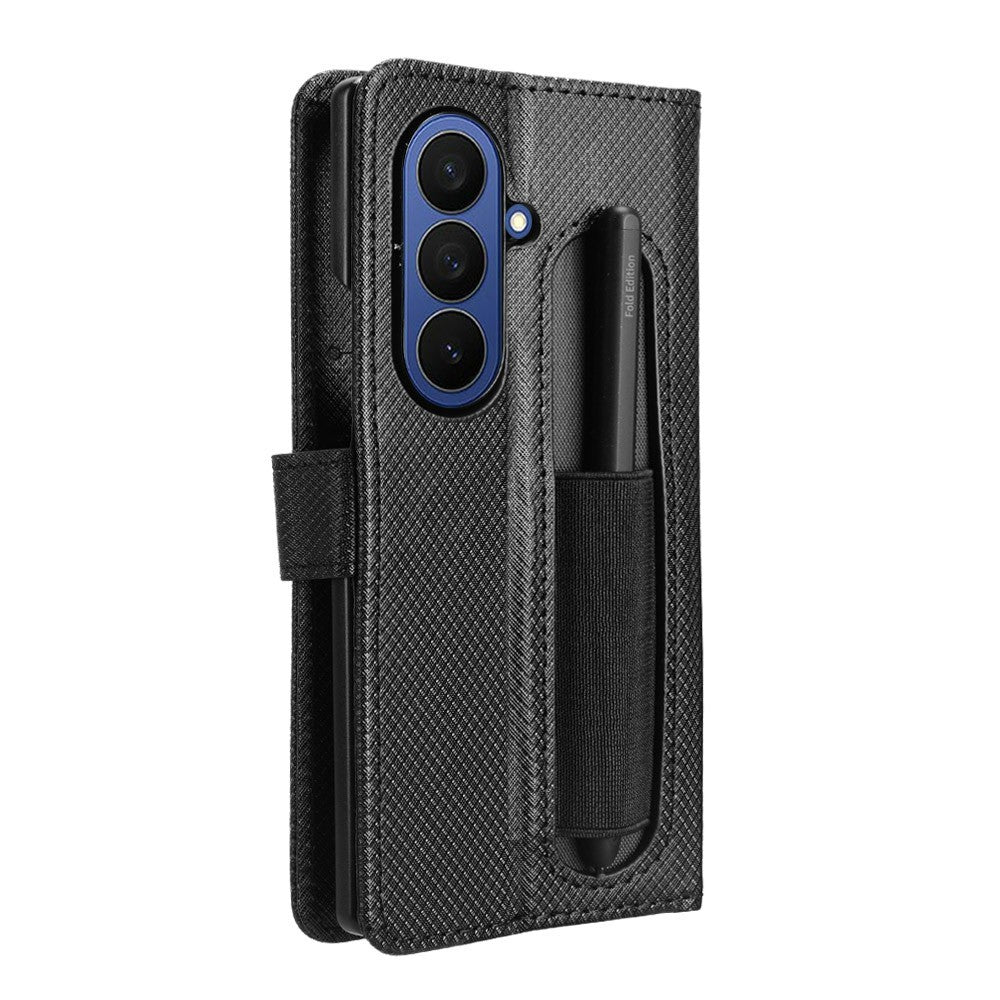 For Samsung Galaxy Z Fold7 5G Case with Pencil Holder, PU Leather Diamond Texture Wallet Phone Cover - Black