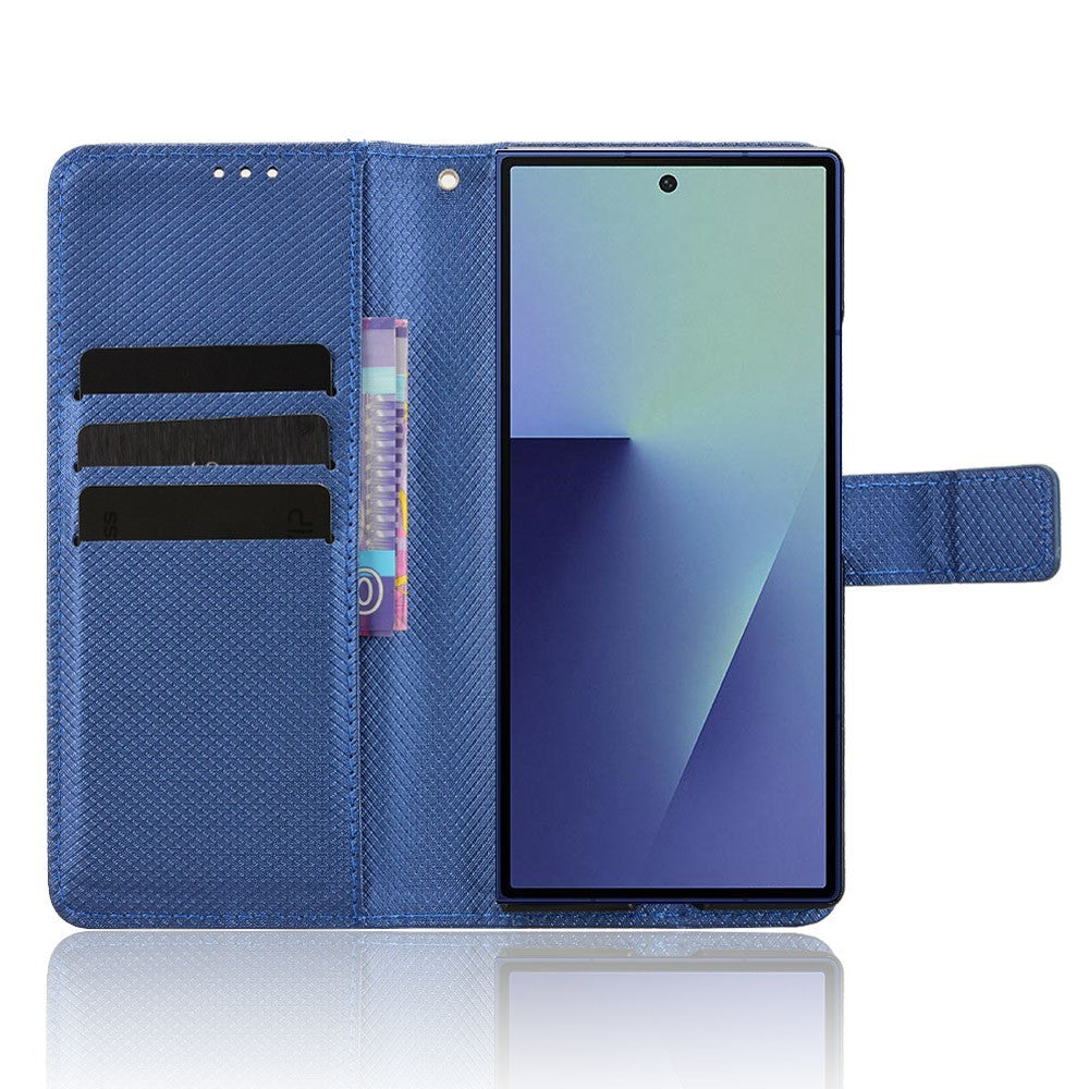 For Samsung Galaxy Z Fold7 5G Case with Pencil Holder, PU Leather Diamond Texture Wallet Phone Cover - Blue