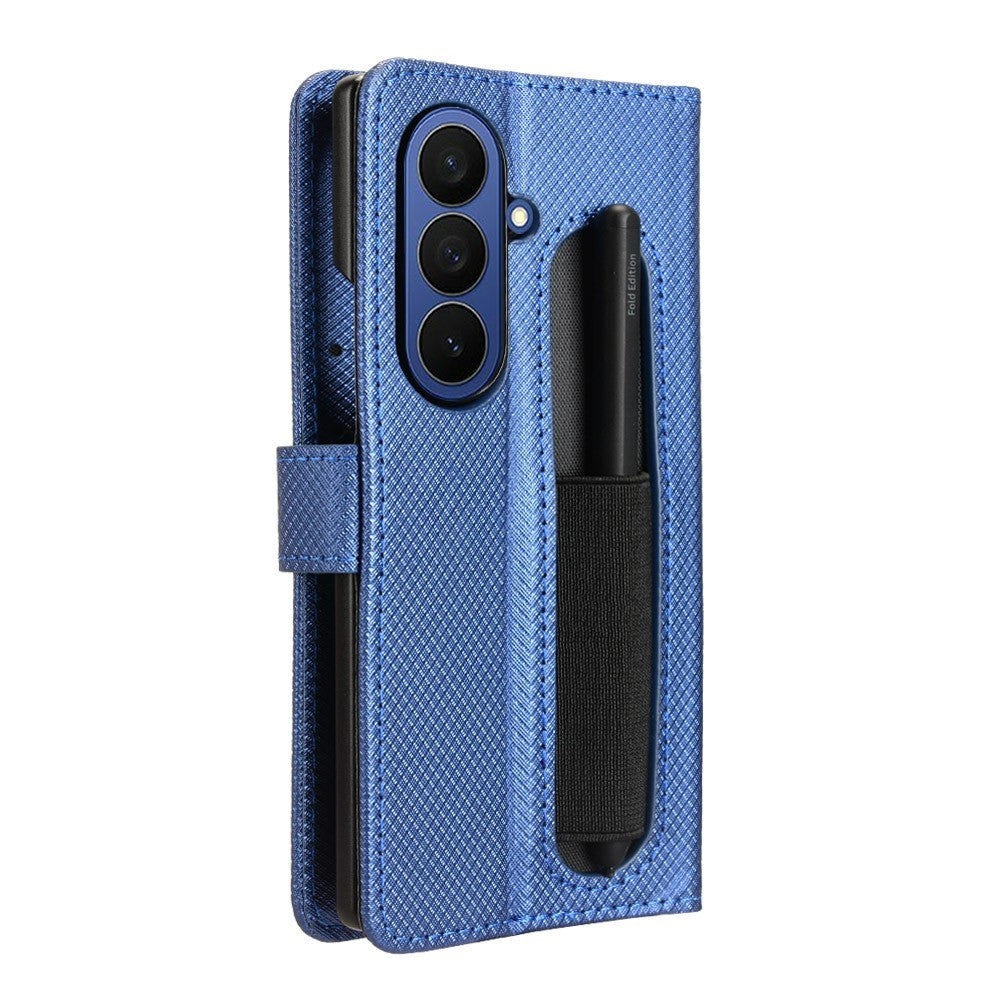For Samsung Galaxy Z Fold7 5G Case with Pencil Holder, PU Leather Diamond Texture Wallet Phone Cover - Blue