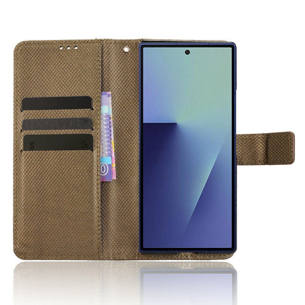 For Samsung Galaxy Z Fold7 5G Case with Pencil Holder, PU Leather Diamond Texture Wallet Phone Cover - Brown