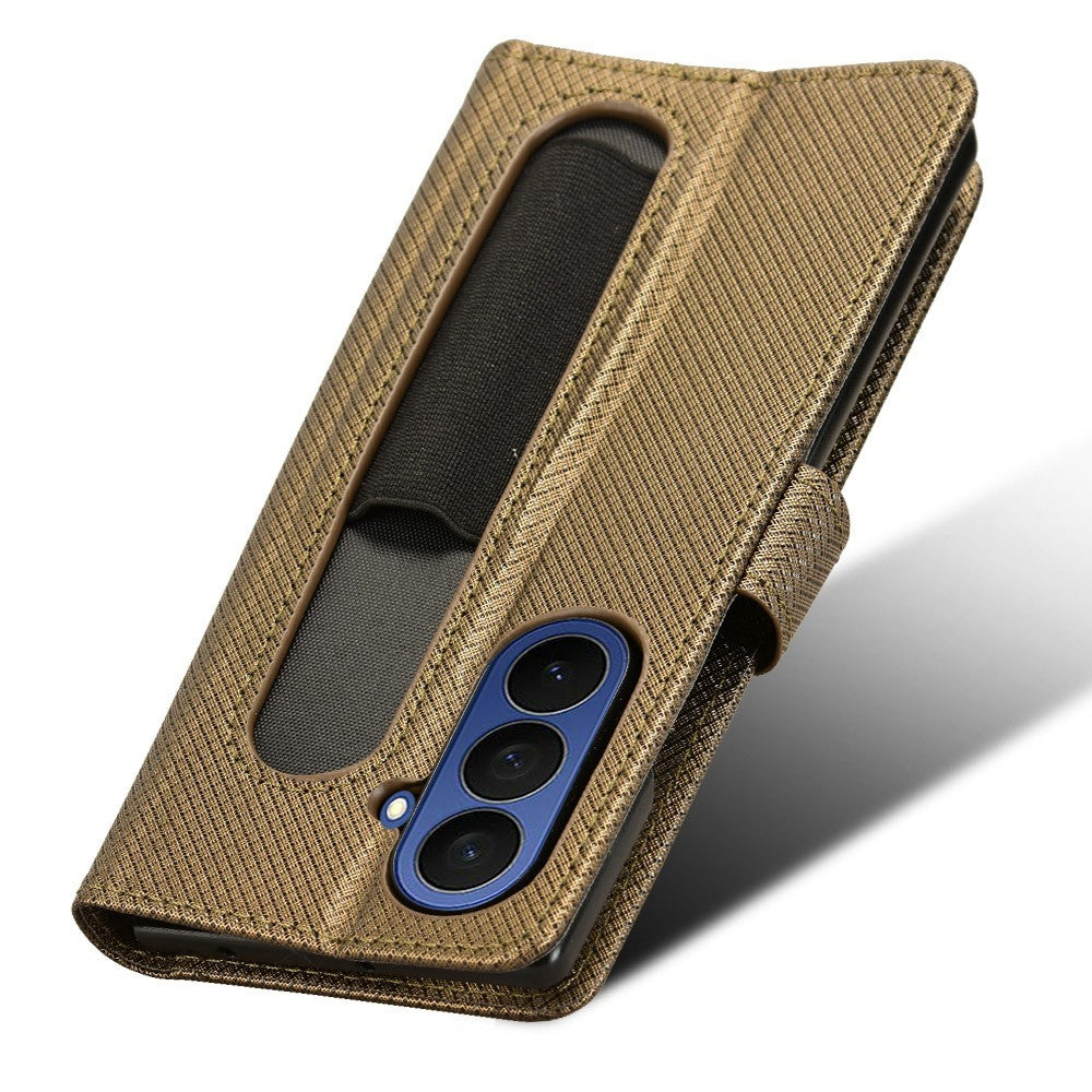 For Samsung Galaxy Z Fold7 5G Case with Pencil Holder, PU Leather Diamond Texture Wallet Phone Cover - Brown