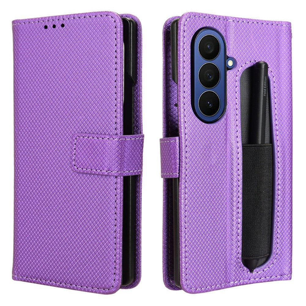 For Samsung Galaxy Z Fold7 5G Case with Pencil Holder, PU Leather Diamond Texture Wallet Phone Cover - Purple