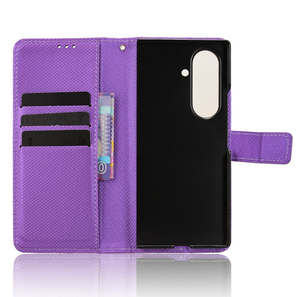 For Samsung Galaxy Z Fold7 5G Case with Pencil Holder, PU Leather Diamond Texture Wallet Phone Cover - Purple
