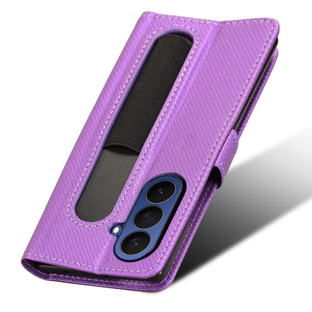 For Samsung Galaxy Z Fold7 5G Case with Pencil Holder, PU Leather Diamond Texture Wallet Phone Cover - Purple