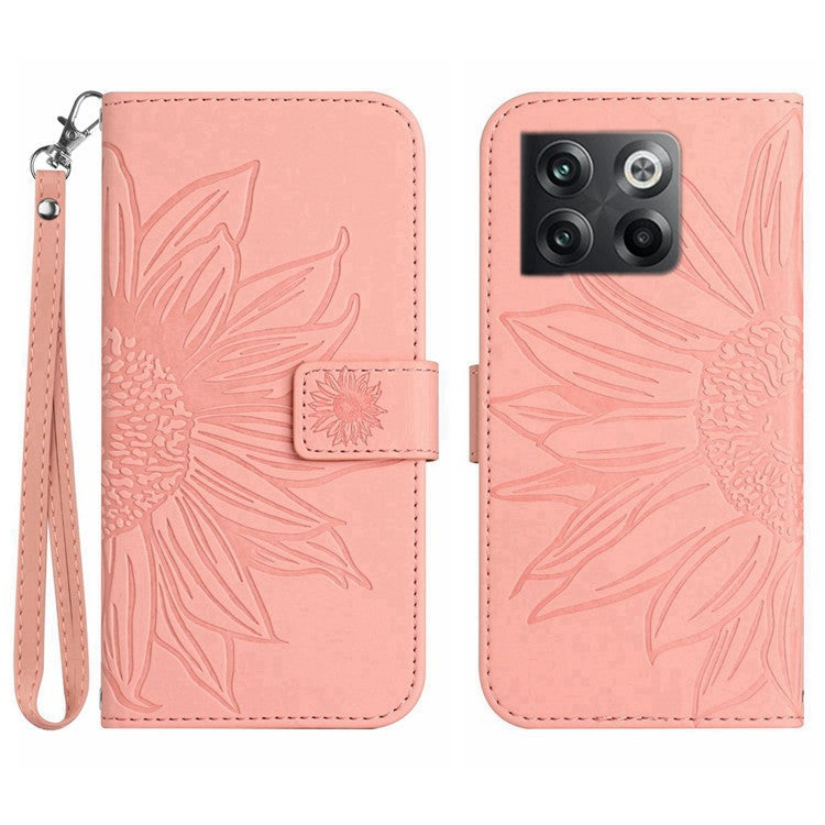 For OnePlus 10T 5G / Ace Pro 5G HT04 Sunflower Imprinted PU Leather Wallet Cover Skin-Touch Flip Stand Phone Drop-proof Case with Hand Strap - Light Pink