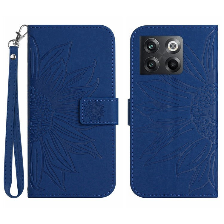 For OnePlus 10T 5G / Ace Pro 5G HT04 Sunflower Imprinted PU Leather Wallet Cover Skin-Touch Flip Stand Phone Drop-proof Case with Hand Strap - Sapphire