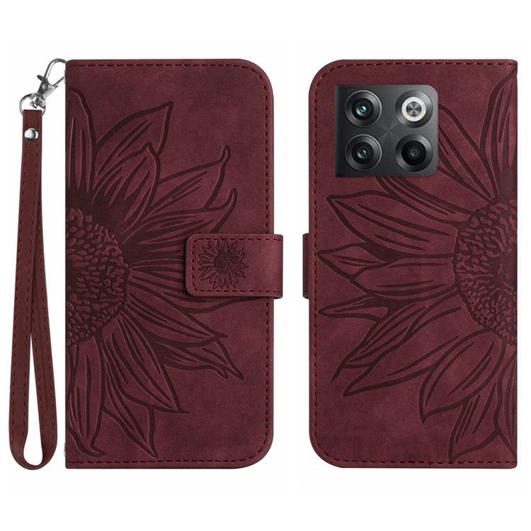 For OnePlus 10T 5G / Ace Pro 5G HT04 Sunflower Imprinted PU Leather Wallet Cover Skin-Touch Flip Stand Phone Drop-proof Case with Hand Strap - Wine Red