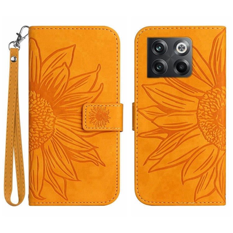 For OnePlus 10T 5G / Ace Pro 5G HT04 Sunflower Imprinted PU Leather Wallet Cover Skin-Touch Flip Stand Phone Drop-proof Case with Hand Strap - Yellow