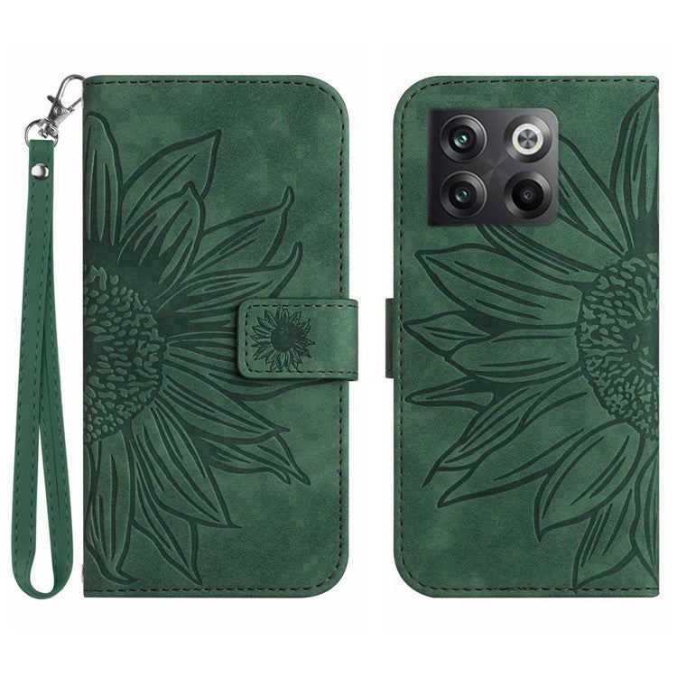 For OnePlus 10T 5G / Ace Pro 5G HT04 Sunflower Imprinted PU Leather Wallet Cover Skin-Touch Flip Stand Phone Drop-proof Case with Hand Strap - Dark Green