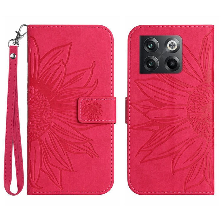For OnePlus 10T 5G / Ace Pro 5G HT04 Sunflower Imprinted PU Leather Wallet Cover Skin-Touch Flip Stand Phone Drop-proof Case with Hand Strap - Rose